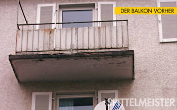 Balkon sanieren. Ein in die Jahre gekommener Balkon: Verrostete Stahlkonstruktion und Armierungen, abgeplatzter Beton, aufgefrorene Balkonbeläge, marode Geländer, verwitterte Beläge, undichte Isolierungen. Erhaltung oder Abbruch