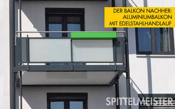 Balkone sanieren nachher. Das Gebäude wurde energetisch saniert. Ein großer schmucker Balkon aus Alu mit einem Handlauf aus Edelstahl ist Blickfang der Fassade und Freude der Bewohner. Ein ganz anderes Lebensgefühl