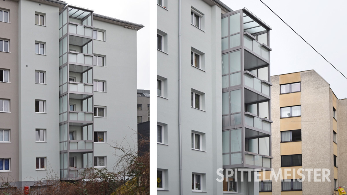 Balkon mit Lärmschutz am Mehrfamilienhaus, Österreich